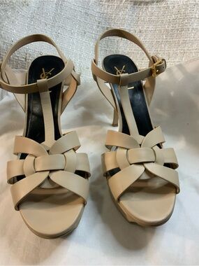 Yves Saint Laurent Nude Leather Knotted T-Strap Heels